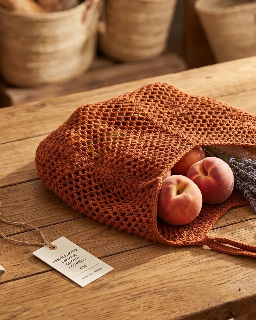 Bolso de red de crochet color café estilo mercado