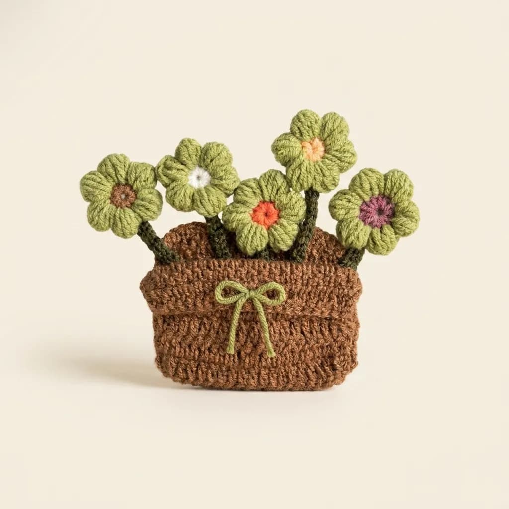 Canasta de crochet con flores tejidas en tonos verdes