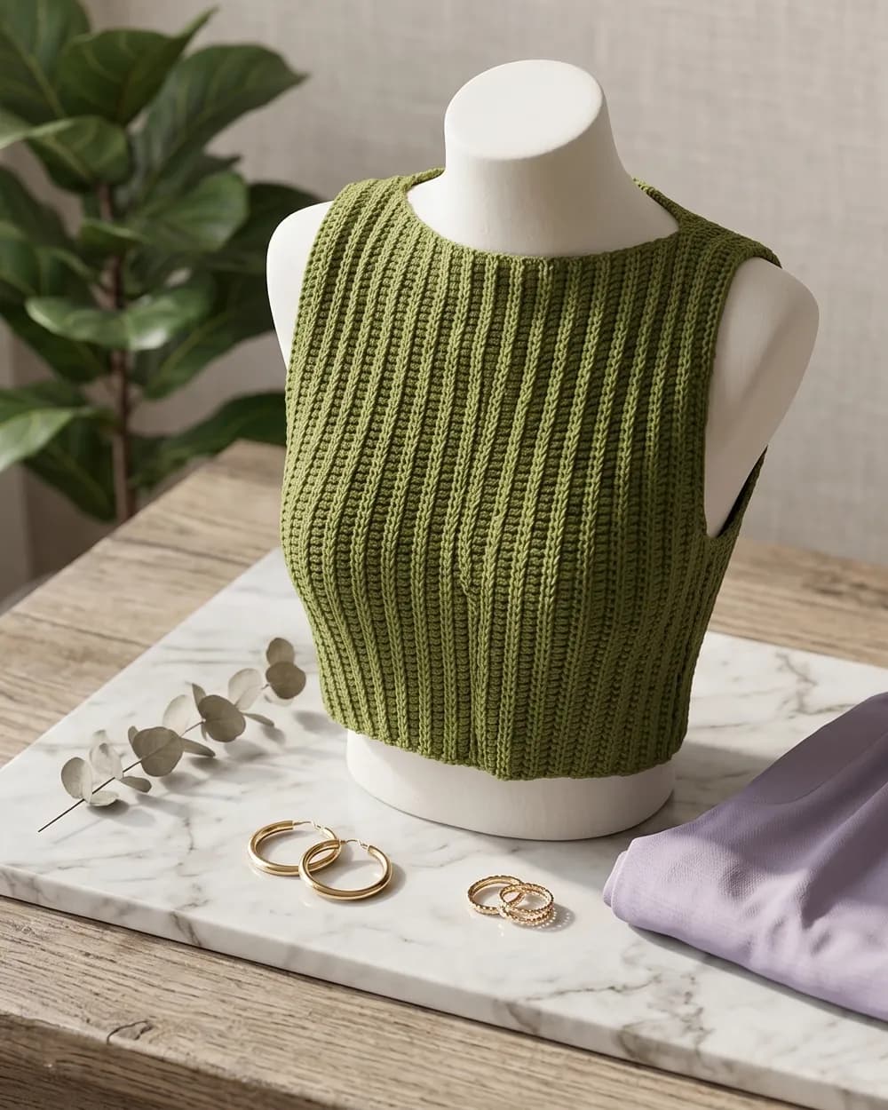 Crop top de crochet sin mangas en punto acanalado oliva