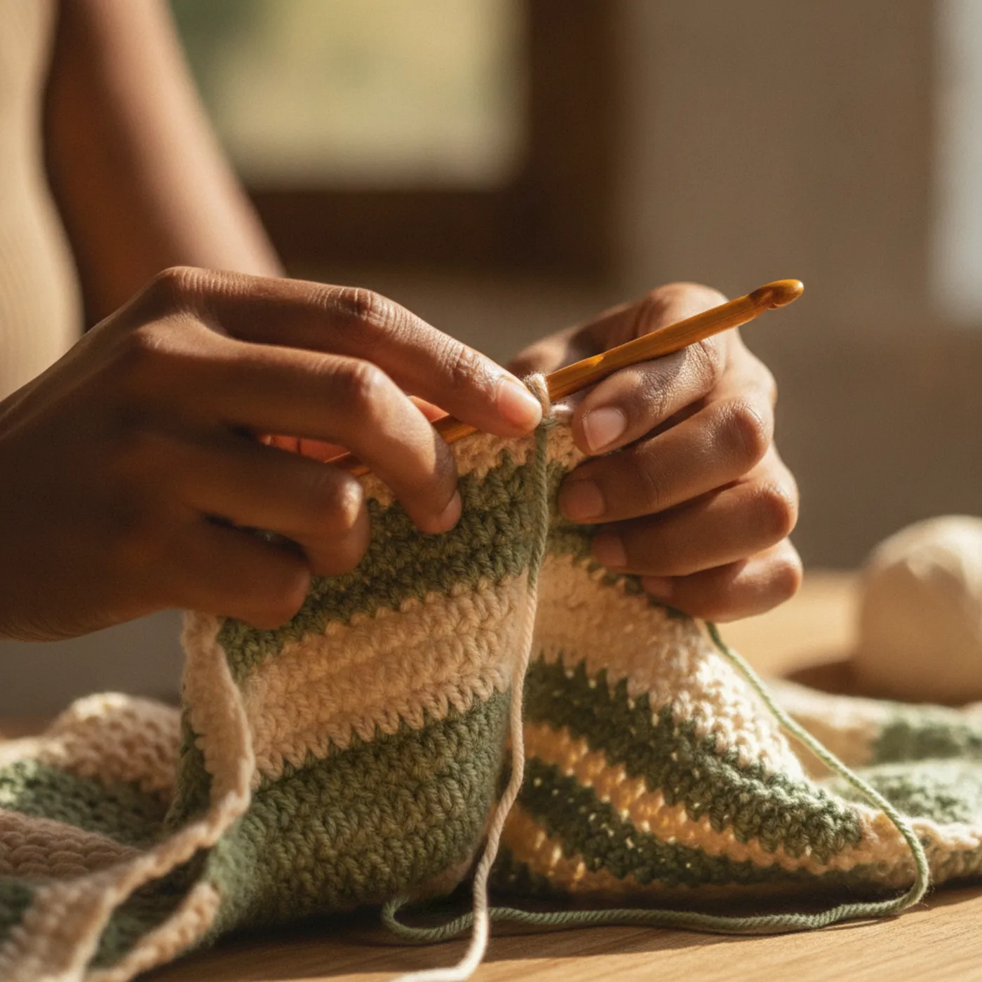 Manos tejiendo a crochet con hilo sage y crudo