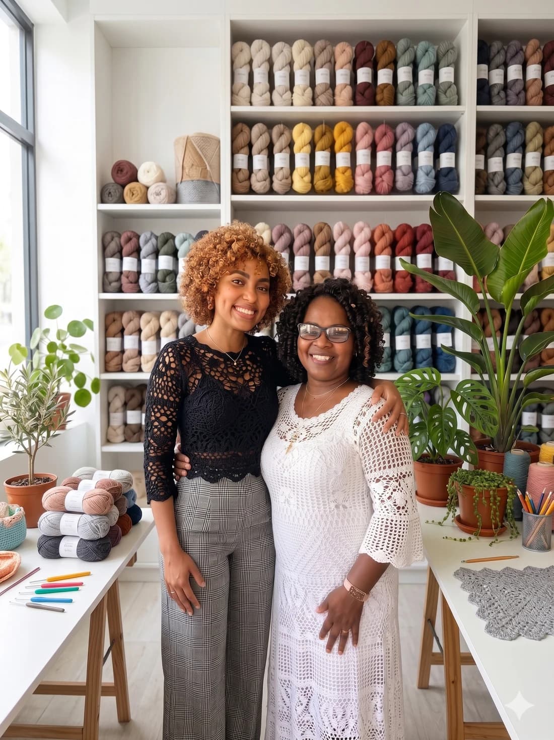 Yen y Velia, fundadoras de Alma & Hilo, en su taller con la pared de hilos
