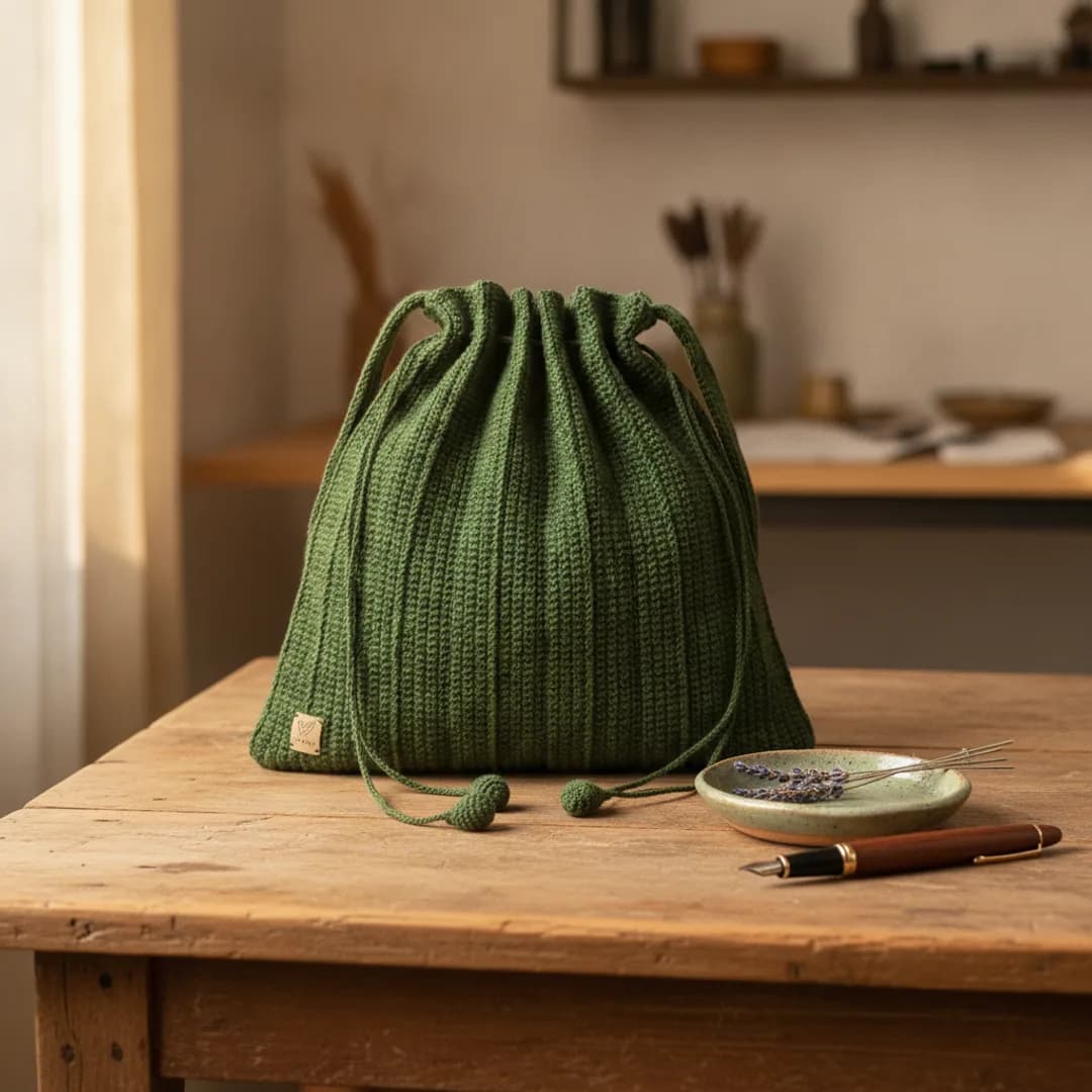 Bolso saco tejido a mano en olivo