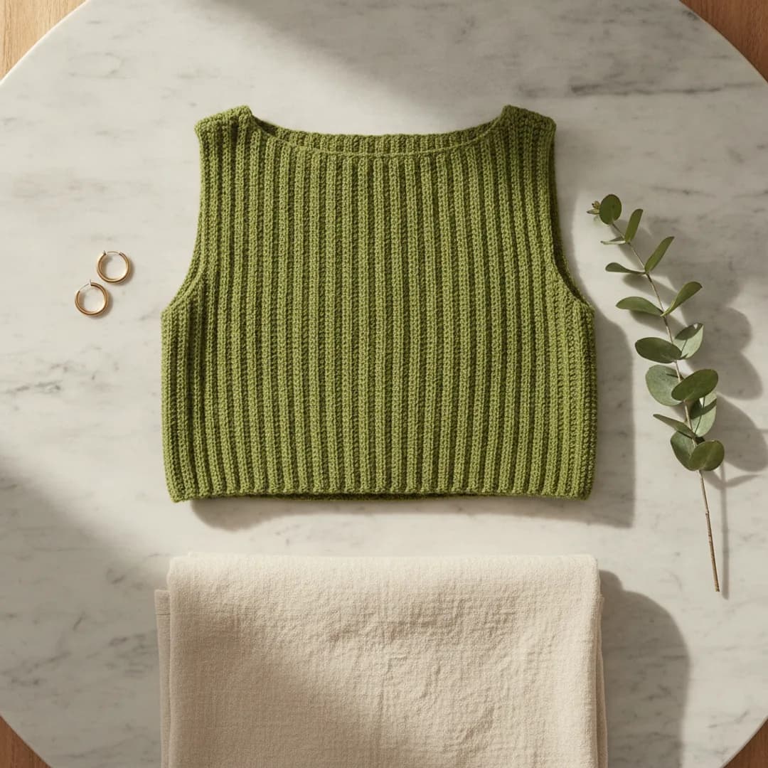 Top acanalado de crochet en verde olivo