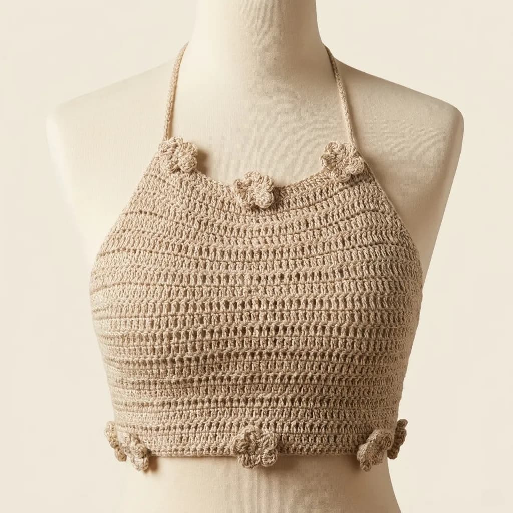 Top halter de crochet en algodón crudo con margaritas tejidas